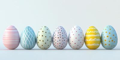 Colorfully decorated Easter eggs arranged in a row on a light background during springtime festivities photo