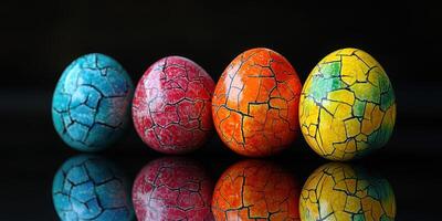 Vibrant decorative eggs in a variety of colors showcasing intricate crack patterns on a reflective surface photo