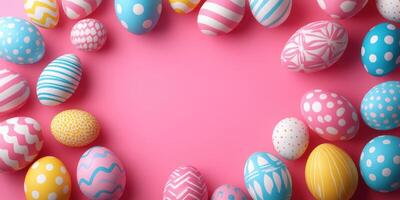 Colorful decorated Easter eggs arranged on a pink background for a festive celebration photo