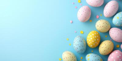 Colorful decorated eggs arranged artistically on a smooth blue surface for a festive celebration during springtime photo