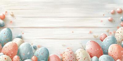 Colorful Easter eggs arranged on a wooden surface creating a festive atmosphere for holiday celebrations photo