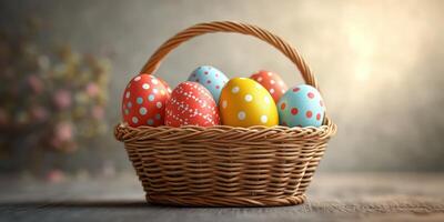 Decorative Easter eggs in a wicker basket on a rustic wooden surface with soft lighting for a festive atmosphere photo