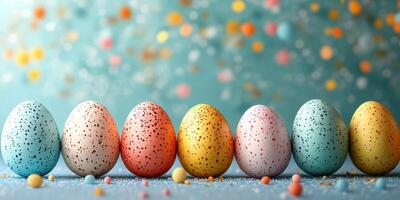Colorful speckled eggs arranged in a row on a festive table during a spring celebration photo