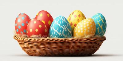 Colorful decorated eggs arranged in a wicker basket on a plain background for a festive celebration photo