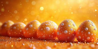 Colorful eggs with droplets arranged in a line on a sparkling golden background during a festive celebration photo