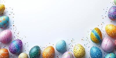 Colorful decorated eggs arranged in a circular pattern on a white backdrop for Easter celebration preparation photo