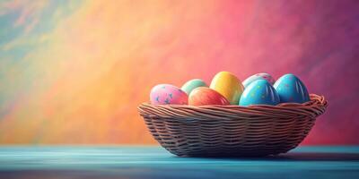 Colorful Easter eggs arranged in a wicker basket against a vibrant background during springtime photo