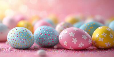 Colorful and decorated Easter eggs arranged on a pastel surface during a spring celebration photo