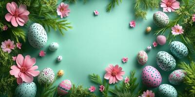 Colorful Easter eggs surrounded by vibrant flowers and greenery on a bright background photo