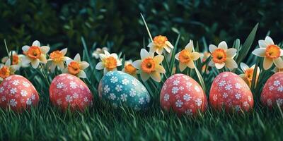 Colorful decorated eggs arranged among blooming daffodils in a grassy garden setting during springtime photo