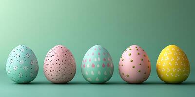 Colorful decorated eggs arranged in a line on a green background for Easter celebrations photo