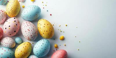 Colorful decorated Easter eggs scattered on a light surface for spring celebrations and festive activities photo