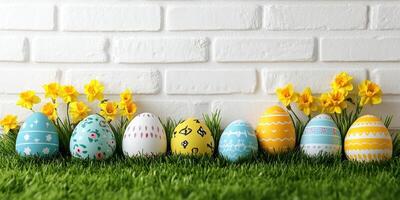 Colorful Easter eggs displayed among vibrant flowers on a white brick background in a cheerful spring setting photo