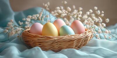 Decorative pastel colored eggs arranged in a wicker basket surrounded by delicate flowers on soft fabric photo