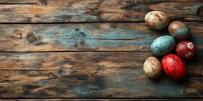Beautifully decorated Easter eggs arranged on a rustic wooden surface for spring celebrations photo