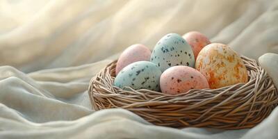 Colorful decorative eggs arranged in a wicker nest with soft fabric in the background during a spring celebration photo