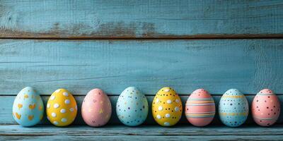 Colorful decorated eggs arranged on a wooden surface for a festive celebration during spring season photo