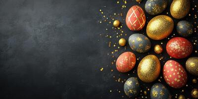 Colorful decorated Easter eggs with gold and red accents on a dark background photo