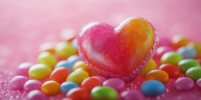 Colorful heart candy surrounded by vibrant jelly beans on a soft pink background photo