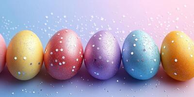 Colorful decorated Easter eggs arranged on a pastel background with sparkling confetti photo