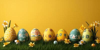Colorful decorated Easter eggs arranged in a vibrant spring setting with yellow background and flowers photo