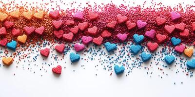 Colorful heart-shaped candies scattered across a white background create a vibrant and festive pattern photo