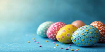 Colorful Easter eggs arranged creatively on a blue background with small candy sprinkles scattered nearby during springtime celebration photo