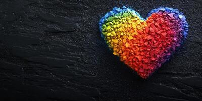 Colorful heart shape made of crushed stones on a dark background symbolizing love and diversity in a creative art piece photo