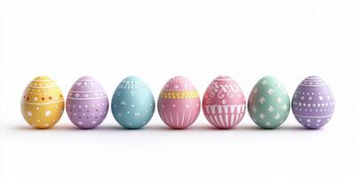 Colorful handmade Easter eggs lined up in a row on a clean background for celebration and decoration photo