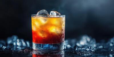 Refreshing mixed drink served in a glass with ice cubes during a relaxing evening at a cozy bar setting photo