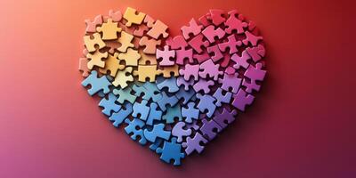 Colorful puzzle pieces arranged in a heart shape creating a vibrant display of love and unity photo