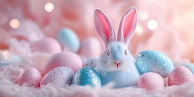 Cute blue bunny surrounded by pastel Easter eggs creating a colorful festive atmosphere photo