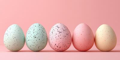 Colorful speckled eggs lined up against a pastel pink background during spring season celebrations photo