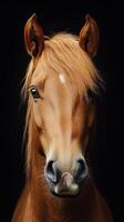 Elegant chestnut horse with a gentle expression captured against a dark background showcasing its beauty and grace photo