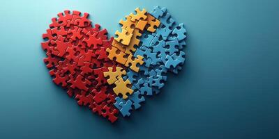 Puzzle pieces forming a heart shape in vibrant colors on a blue background during a creative art session photo