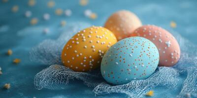 Colorful decorated eggs resting on a textured cloth with scattered decorations in a festive setting photo
