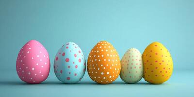 Colorful Easter eggs arranged in a line on a blue background during spring celebrations photo