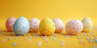 Colorful decorated eggs arranged on a bright yellow background with pastel sprinkles during spring festivities photo