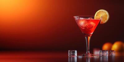 Refreshing cocktail with ice and lemon slice during a vibrant sunset glow photo