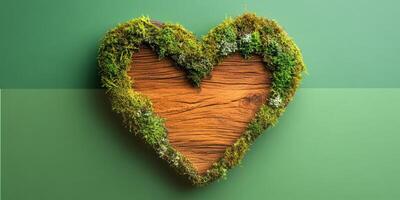 Heart-shaped wooden decoration with lush green moss on a vibrant background photo