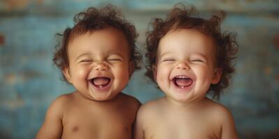 Two joyful babies with curly hair laughing together in front of a blue backdrop during a sunny day photo