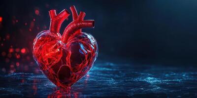 Realistic 3D rendering of a human heart with intricate details in red glowing against a dark background photo