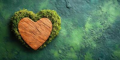 Moss and wood heart on textured green background creates a serene and organic decoration in the natural environment photo