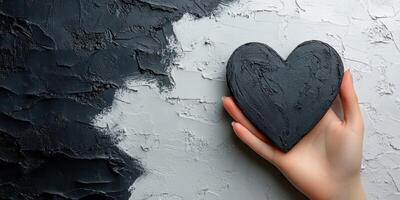 Heart shaped object held in hand against textured black and grey background expressing creativity and emotion photo