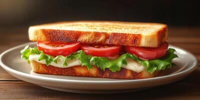 Deliciously toasted sandwich stacked with fresh lettuce and ripe tomatoes served on a simple plate photo