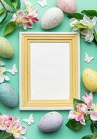 Easter eggs and flowers bordering a blank frame photo