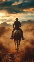 Cowboy riding horseback through a dusty landscape at sunset in the American West photo
