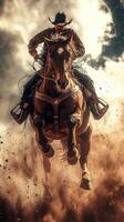Exciting moment of a cowboy riding a spirited horse in an outdoor setting under dramatic skies photo