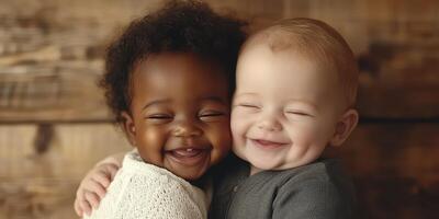 Two joyful babies sharing a warm hug in a cozy indoor setting during a sunny day photo