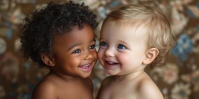 Two young children share joyful smiles against a floral patterned background during a warm and playful moment photo